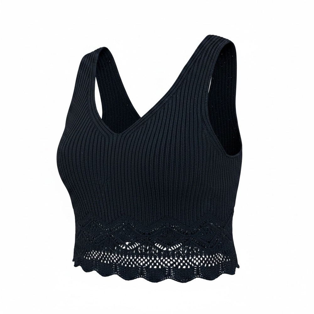 House of Harlow 1960 Knit Top Women Medium Black Crochet Trim Ribbed Crop Tank